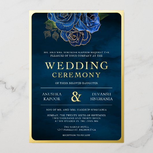 青王室のフローラフォト結婚インディアンの金ゴールド 箔招待状 (正面)
