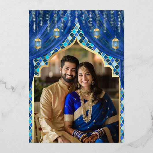 青王室のフローラフォト結婚インディアンの金ゴールド 箔招待状 (裏面)