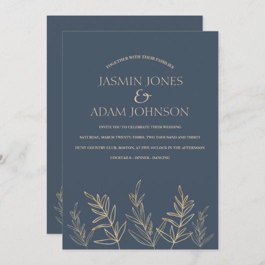 青王室の光金ゴールド葉ズ結婚ズ 招待状 (正面/裏面)