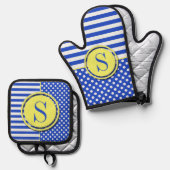 青王室の水玉模様とストライプ – モノグラムSTaylor 鍋つかみ&鍋敷きセット (正面/裏面)