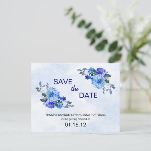 青王室の水色フローラ結婚式の日付を保存 招待状 (スタンド正面)