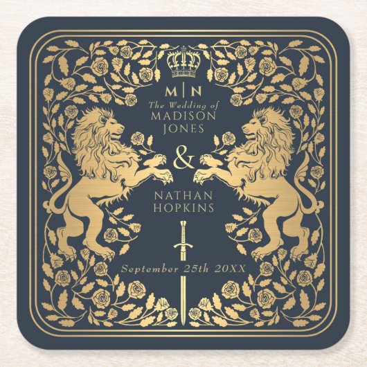 青王室の獅中世結婚剣 スクエアペーパーコースター (正面)