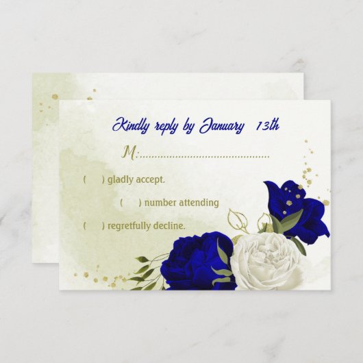 青王室の白の花が緑葉のRSVPカード 出欠カード (正面/裏面)