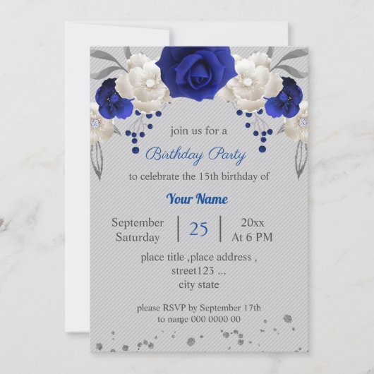 青王室の白の花の灰色の葉誕生日 招待状 (正面)