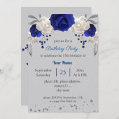 青王室の白の花の灰色の葉誕生日 招待状 (正面/裏面)