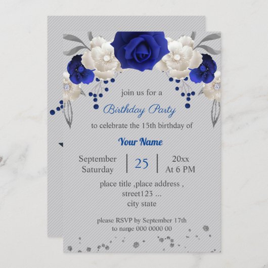 青王室の白の花の灰色の葉誕生日 招待状 (正面/裏面)