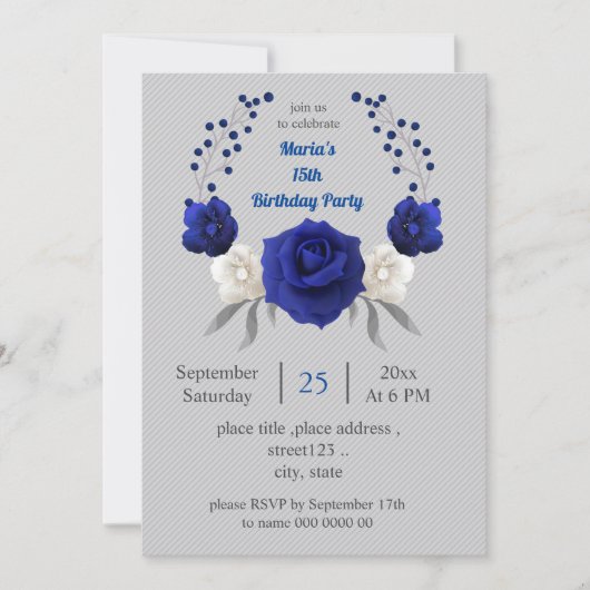 青王室の白の花灰色の誕生日 招待状 (正面)