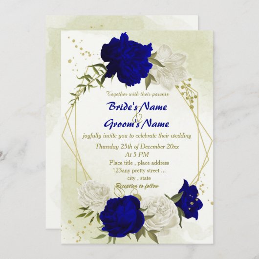 青王室の白の花葉は結婚青 招待状 (正面/裏面)