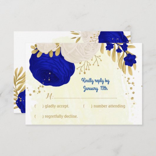 青王室の白の花金ゴールド結婚の 出欠カード (正面/裏面)