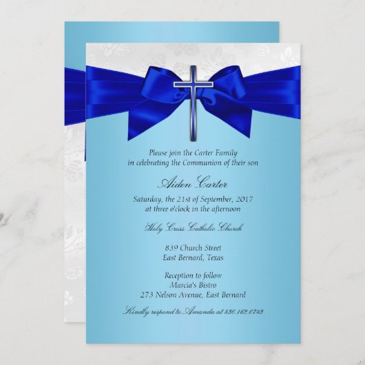 青王室の白シルバークロスボーイズ聖餐式 招待状 (正面/裏面)