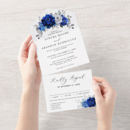 青王室の白シルバーメタリックフローラ結婚ズ オールインワン招待状