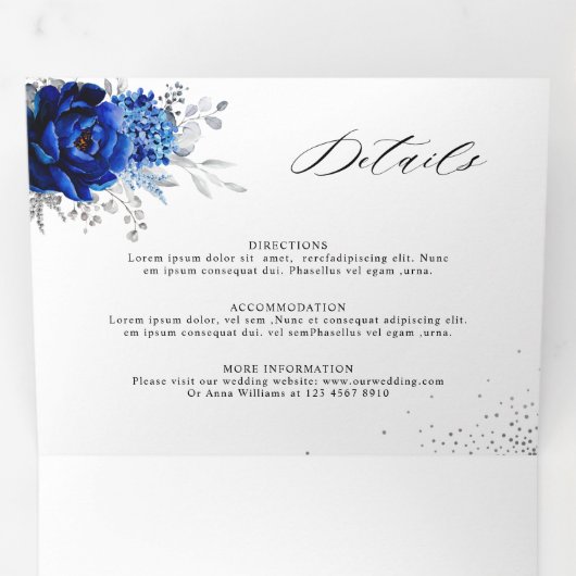 青王室の白シルバーメタリックフローラ結婚ズ 三つ折り案内状 (内部最初)