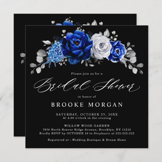 青王室の白シルバーメタリックブライダルシャワーInv 招待状 (正面/裏面)