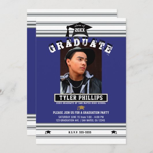 青王室の白シルバー卒業写真パーティー 招待状 (正面/裏面)