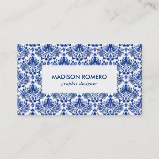 青王室の白ダマスク模様QRコード 名刺 (正面)