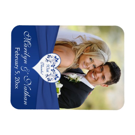 青王室の白フローラハート結婚のフォトマグネット マグネット (横)