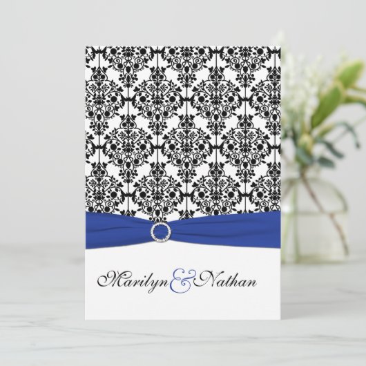 青王室の白ブラックダマスクウェディング招待状 招待状 (スタンド正面)