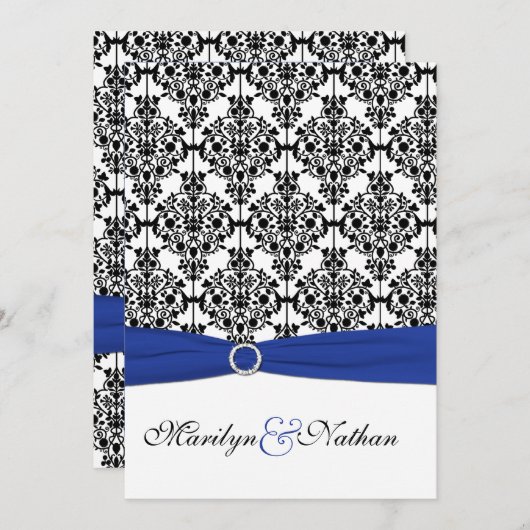 青王室の白ブラックダマスクウェディング招待状 招待状 (正面/裏面)
