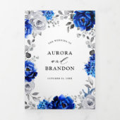 青王室の白メタリック銀フローラ結婚Tr 三つ折り案内状 (カバー)