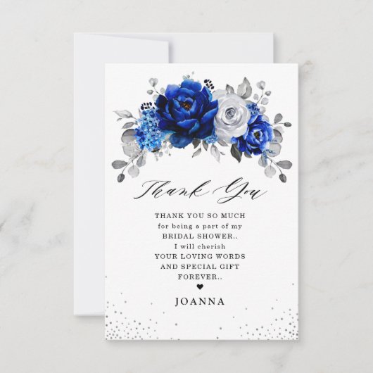 青王室の白メタリック銀ブライダルシャワー サンキューカード (正面)