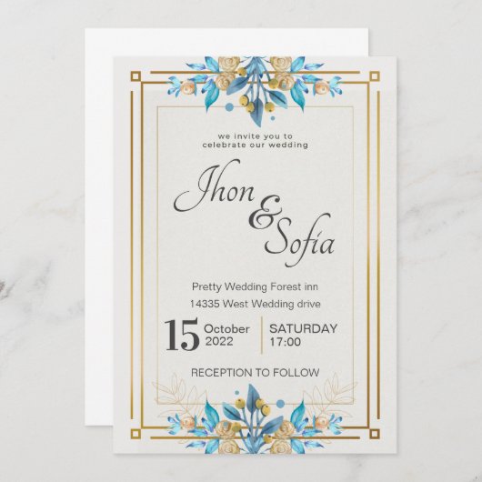 青王室の白金ゴールドフローラ結婚式招待状 招待状 (正面/裏面)