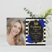 青王室の白黒ストライプ写真第50誕生日 招待状 (スタンド正面)