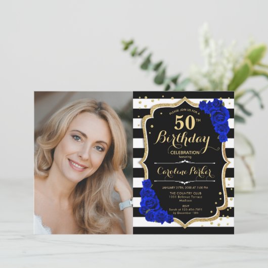 青王室の白黒ストライプ写真第50誕生日 招待状 (スタンド正面)