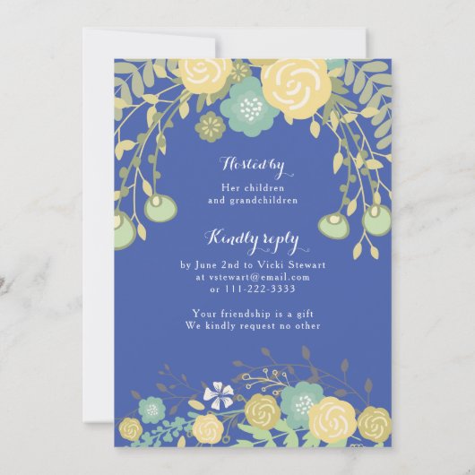 青王室の緑イエローフローラ80誕生日 招待状 (裏面)