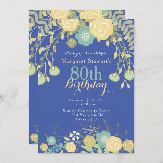 青王室の緑イエローフローラ80誕生日 招待状 (正面/裏面)