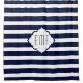 青王室の色と白のジオメトリックストライプ シャワーカーテン (正面)