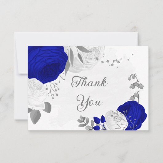 青王室の色と白の花シルバーボ結婚タネス サンキューカード (正面)