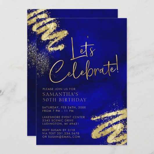 青王室の色と金ゴールド誕生日招待状 招待状 (正面/裏面)