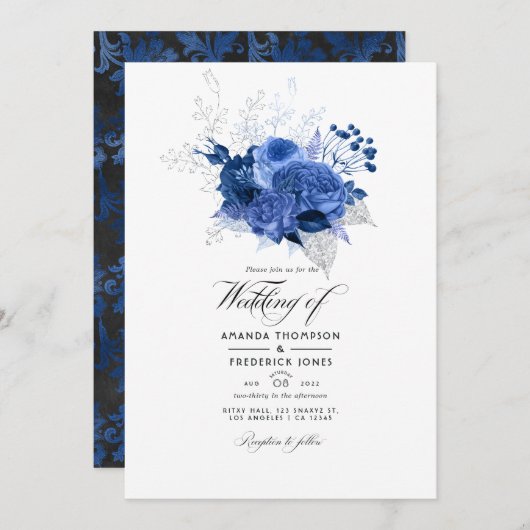 青王室の色と銀のフローラの結婚写真 招待状 (正面/裏面)