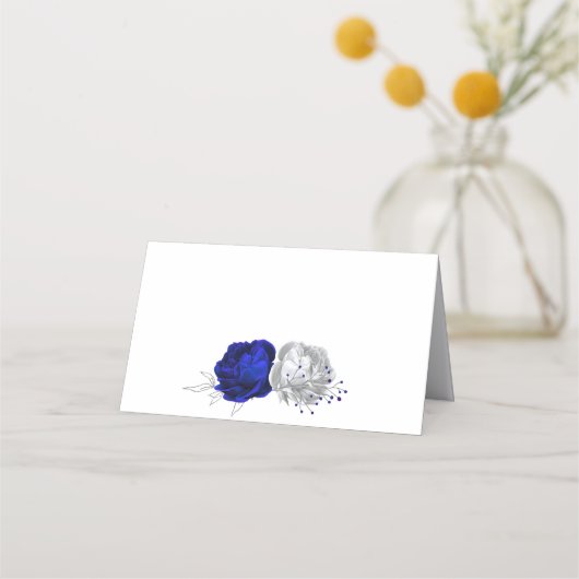 青王室の色と銀色の花の植物座席表 プレイスカード (裏面)