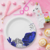 青王室の色と銀色の花の植物性 ペーパープレート (パーティー)