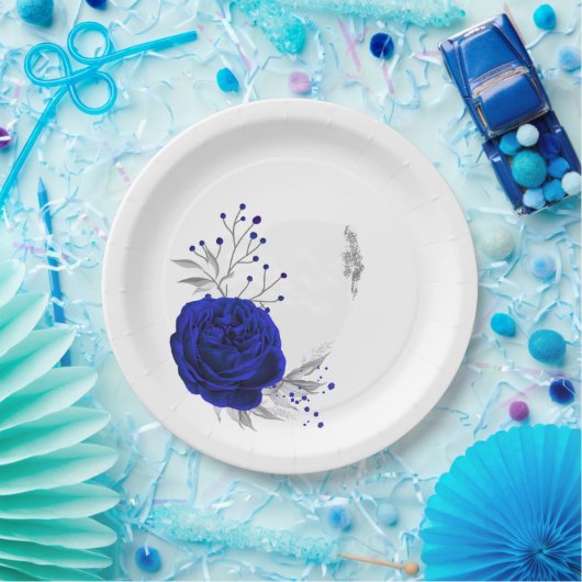青王室の色と銀色の花の植物性 ペーパープレート (パーティー)