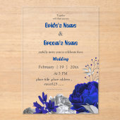 青王室の色と銀色の花ボタ結婚ニーズ アクリル招待状 (正面)