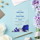 青王室の色と銀色の花ボタ結婚ニーズ アクリル招待状 (インサイチュ (ウェディング))