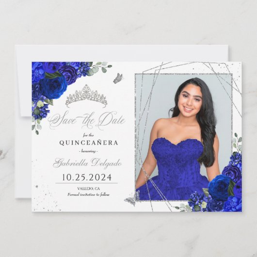青王室の色のフォトカードQuinceanera日付を保存 招待状 (正面)