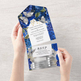 青王室の色銀蝶きらめくグリッターバラ オールインワン招待状