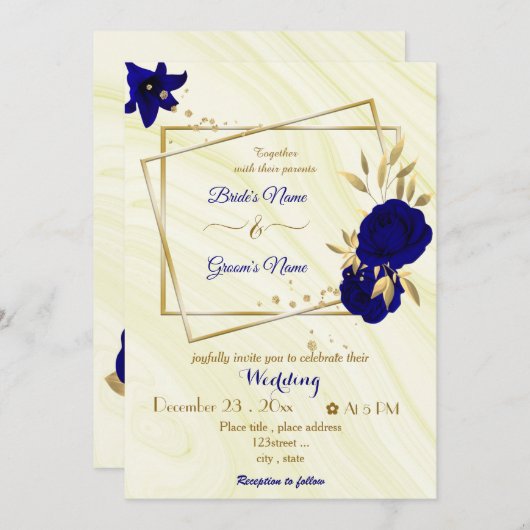 青王室の花金ゴールド幾何結婚的 招待状 (正面/裏面)