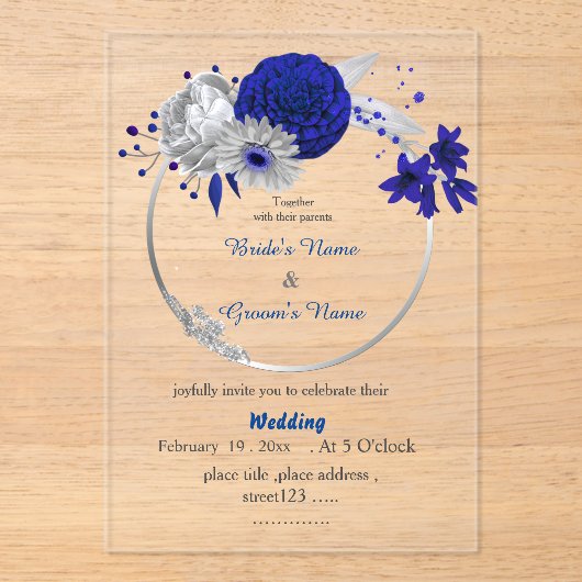 青王室の花銀フローラ結婚リース アクリル招待状 (正面)