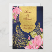 青王室の金ゴールドピーコックピンクロータス結婚インディアン 招待状 (正面)