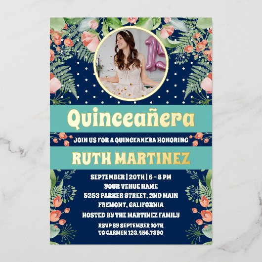 青王室の金ゴールドフローラキンセアニェラパーティー写真 箔招待状 (正面)