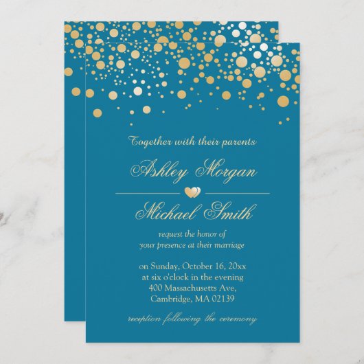 青王室の金ゴールド紙吹雪結婚水玉模様 招待状 (正面/裏面)