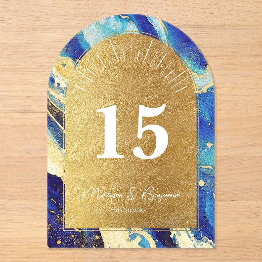 青王室の金ゴールド結婚のアクリルアーチ表番号 アクリル招待状 (正面)