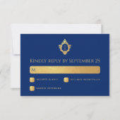 青王室の金フェイク箔クレストモノグラム結婚ズ 出欠カード (正面)