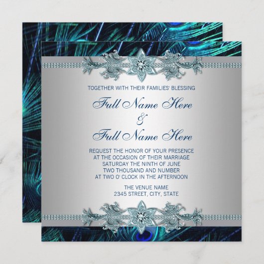 青王室の銀インディアン王室のピーコッ結婚ク 招待状 (正面/裏面)