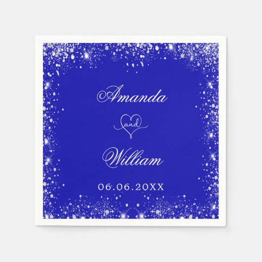 青王室の銀グリッターはハートを指結婚定する スタンダードカクテルナプキン (正面)