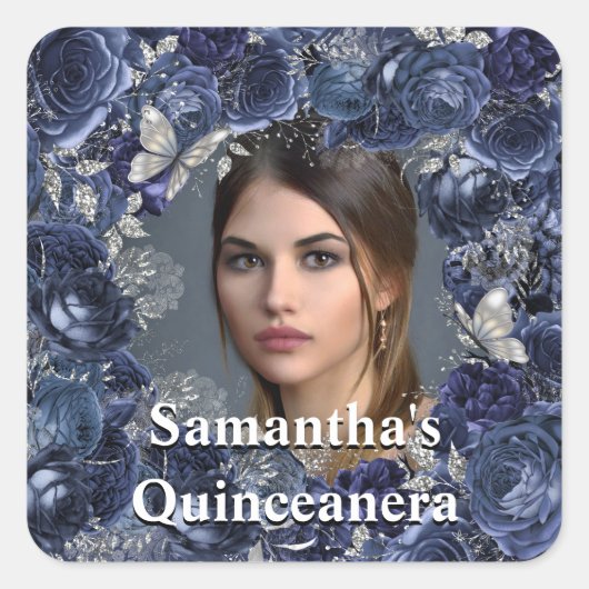 青王室の銀写真蝶バラ枠 スクエアシール (正面)